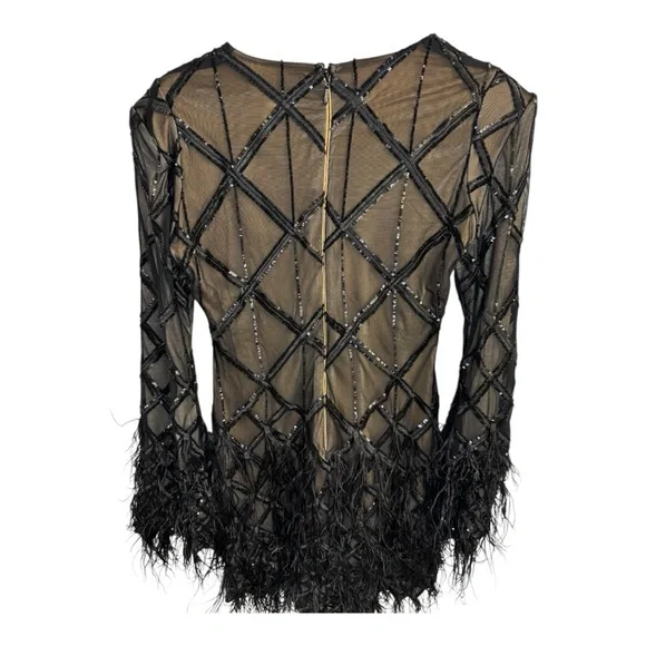 **Brand New ** Amber Deep V Embellished Feather Trim Mini Dress - Black - Picture 6 of 14